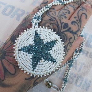 ❤ Artisan Native American Seed Bead Star Turquoise Medallion Necklace. 70s!